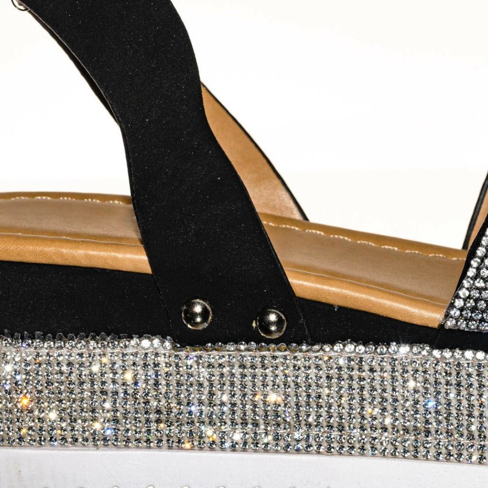 NEW Bling Silver Rhinestone Peep Toe Flat Platform Wedge Heel Sandal Ankle Strap - Picture 10 of 12